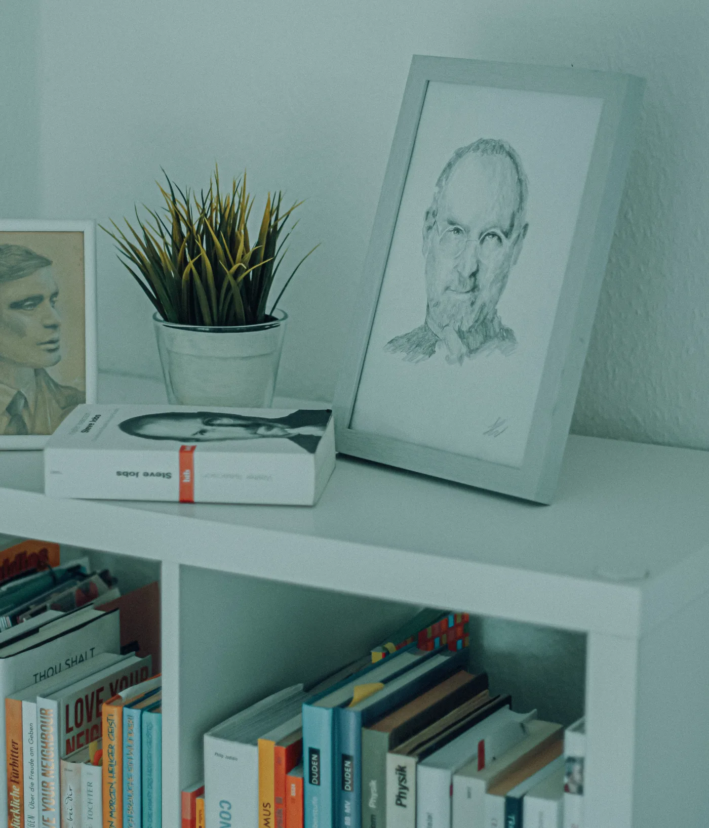 A framed drawing of Steve Jobs beside books and a plant